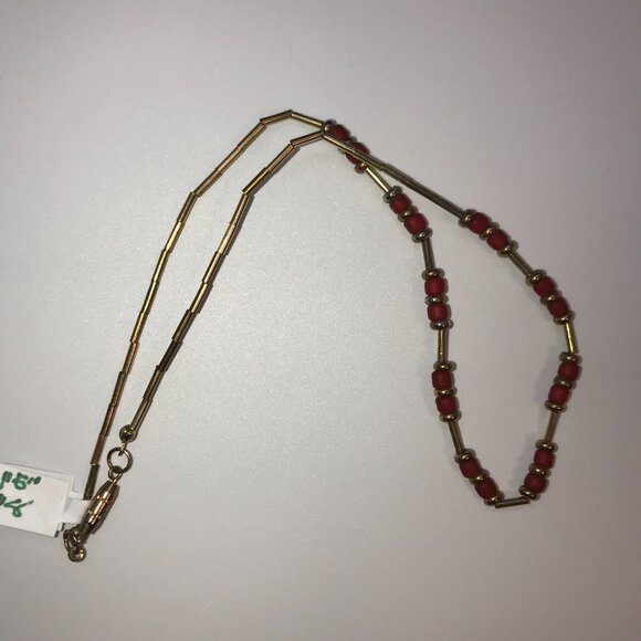 15" Matte Orange Red and Gold Beaded Necklace - Picture 2 of 13